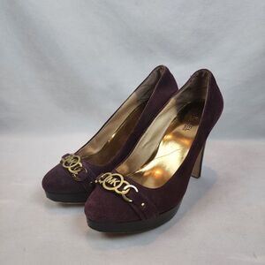 Michael Kors 4 1/2" Stiletto Women Size 8 Purple Suede  Heels Pumps Gold MK Logo
